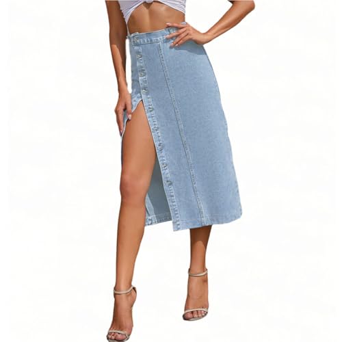 Image of Roman Vinessan Trendy High-Waisted Denim Skirt for Women Button-Front Slit Midi Skirt for Ladies Fashion (Light Blue,X-Large)