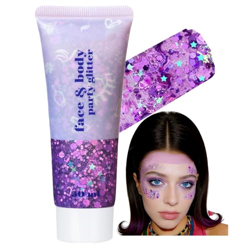 Go Ho Light Purple Face Body Glitter - Party Flash Festival Rave Outfits for Women&Kids Holographic Glitter Face Paint Halloween Mermaid Fairy Makeup Chunky Sequins Gel Rave Pride Accessories