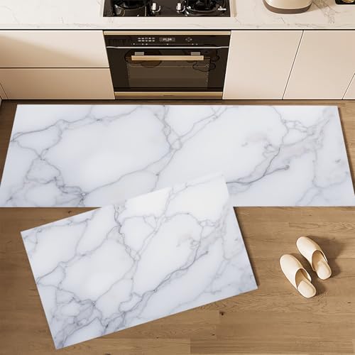 Alfombra de cocina de dos piezas lavable y con diseño de mármol 2