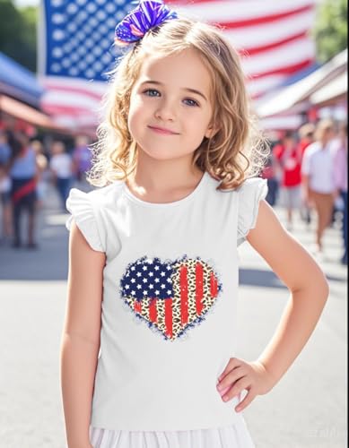 Image of Little Hand Girls 4th of July Shirt Toddler American Flag Shirts USA Flag Tee Kids Patriotic Ruffle Sleeve T-Shirt 2-7 Years