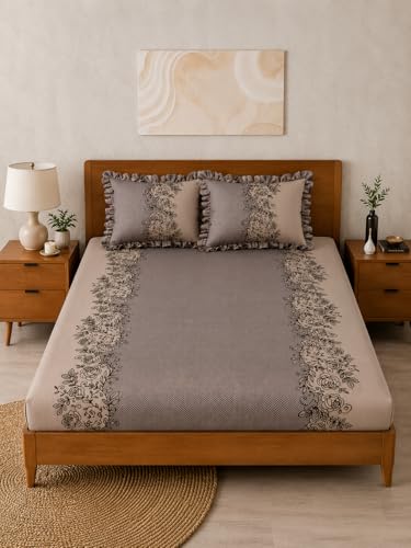 Image of King Size Fitted Bedsheet with 2 Frill Pillow Covers (Coffeefrill, King Size - 72x78 Inch)