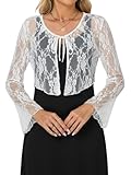 Boléro Femme Dentelle Gilet Veste Transparentes Cardigan Court Manches Longues pour Robe Mariage T Shirt Bretelle Chic Elégante Soirée Fête Décontracté Blanc L