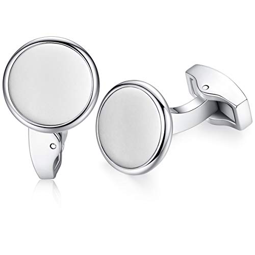 HONEY BEAR White Pearl Shell Black Onyx Cufflinks Round for Mens Gift Brushed Silver