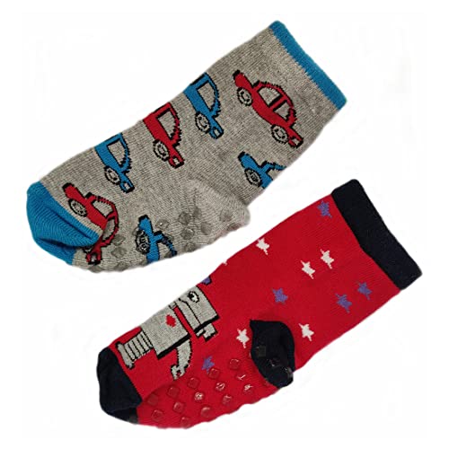 Image of NOFALL Anti Skid Robot & Car Design Cotton Socks for Kids, Ankle Length, Comfortable for Daily Use for Boys & Girls, Red & Light Grey, Pack of 2