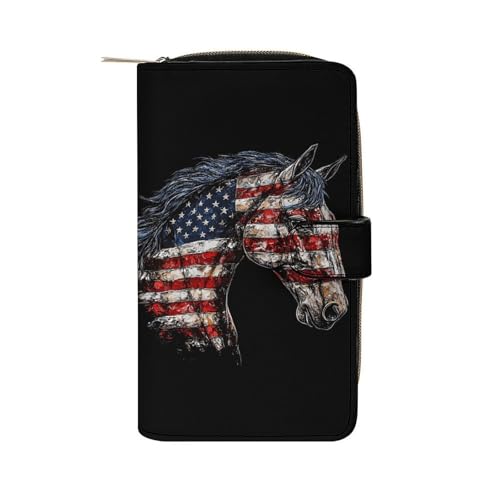 Horse with U.S.A Flag Women's Wallets Leather Fold Clutch Wallet Credit Card Holder Ladies Travel Purse