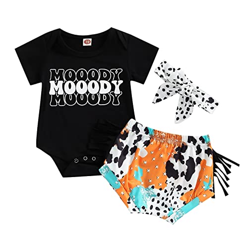 Image of Muasaaluxi Newborn Baby Girl Outfits Short Sleeve Mooody Romper Tassel Cow Print Shorts Headband 3Pcs Casual Clothes Set