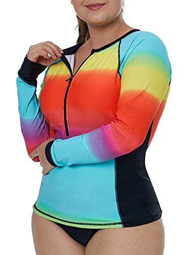 Aleumdr Womens Rashguard Shirt Long Sleeve Zip Front Workout Plus Size Surf Shirt Blue 3XL 22 24