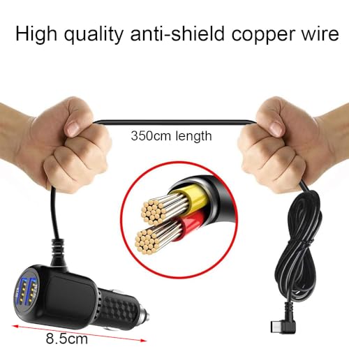Image of Gebildet Micro USB Power Cord Cable with Dual Port USB,Vehicle Power Charging Cable with Length(11.5ft /350cm) for Car Dashcam Camera Charger Power Cord for Dashcam Supply Radar Detectors