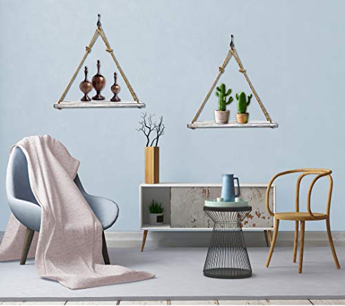 Wood Rope Hanging Floating Shelves Set of 2, Hanging Shelves for Wall Decor, Window Rope Wood Hanging Plant Shelf, Wall Hanging Rope Shelves for Living Room, Bedroom, Bathroom and Kitchen ( White) - Image 4