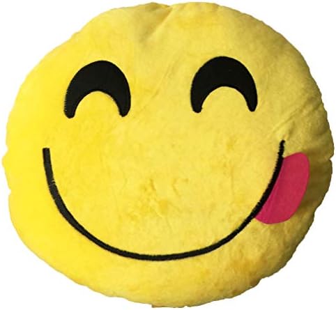 Creative Motion 71742-14086 Comfortable Cushion with Yellow Smily Face with Red Tongue Stick Out Emoji, 13 x 13x 3.5, Multi-Color