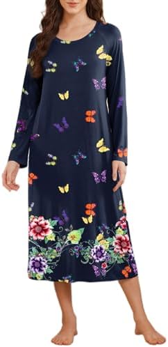 Ekouaer Long Sleeve Nightgowns for Women Calf Length Sleep Shirts Crew Neck Soft Nightshirts S-XXL