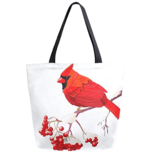 Red Cardinal Bird on Berry Branch Extra Large Canvas Shoulder Tote Top Handle Storage Bag for School Gym Weekender Beach Travel 