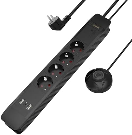 UCOMEN Power Strip with Foot Switch, Multiple Socket 4-Way with Comfort Switch, 20 W USB A and C, 1.5 m Cord, 16 A/3680 W