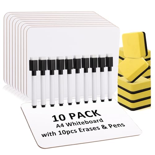 LDXDRU 10 Pack A4 Small Whiteboard Mini White Board with Pens and Erases