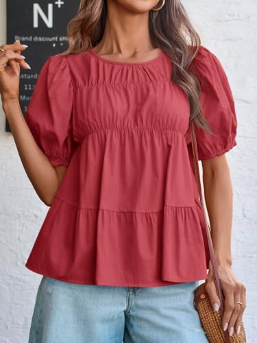 Image of Tankaneo Womens Puff Sleeve Peplum Babydoll Tops Summer Flowy Pleated Cotton T-Shirts Casual Loose Fit Cute Blouse