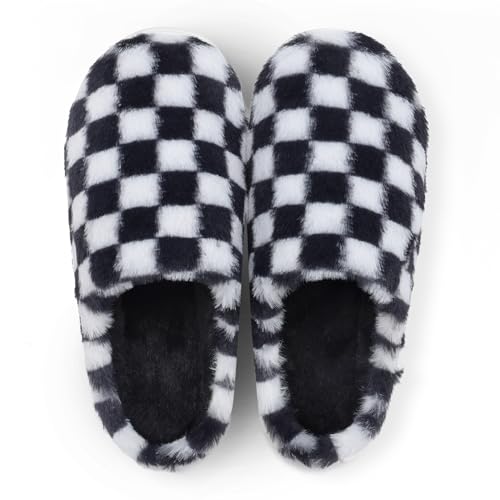 Women House Checkered Slippers - Mens Cozy Fuzzy Plaid Memory Foam Slippers with Faux Fur Lining for Indoor & Outdoor Comfort Soft Slides(BlackWhite,11-12Women/9-10Men)2