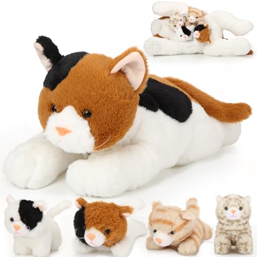 Image of Skylety 5 Pieces Cat Stuffed Animal with Babies Inside Belly Plush Cat Pregnant Mommy Kitty with 4 Cute Fluffy Stuffed Kittens Christmas Birthday Surprise Gifts(Orange, Black, White)