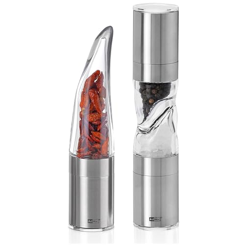 AdHoc Geschenkset Groß: Chilischneider Pepe & Doppelmühle Duomill Pure – Manuelle Chilimühle mit Edelstahl-SchneidWerk & stilvolle Salz- und Pfeffermühle im passenden Design für Genießer