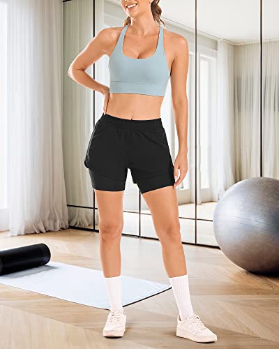 Stelle 2303-YR001-BK-M Women 2 In 1 Running Shorts High Waisted Athletic Shorts Gym Workout Shorts thumb #7