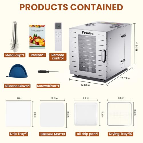 Food Dehydrator for Jerky, Remote Control, Large 10 Stainless Steel Trays, 1000W Fruit Dehydrator, 24H Timer and 194°F Temperature Control, Overheat Protection, Food Dryer for Jerky, Fruit, Dog Treats