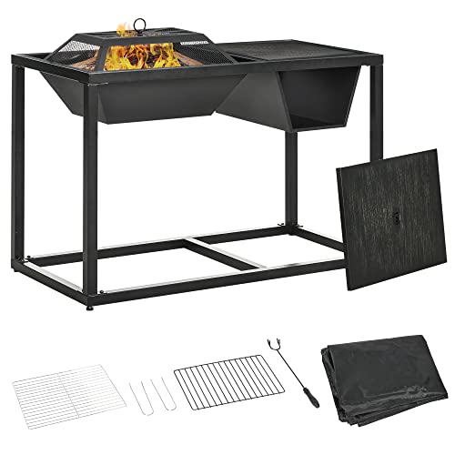 Outsunny 4-In-1 Fire Pit, Bbq Grill, Ice Bucket Cooler, Garden Table, With Cooking Grate, Log Grate & Waterproof Cover, Galvanized Steel Wood-Burning Fireplace With Spark Screen & Poker #TOP11