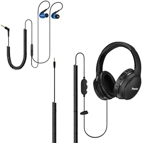Joysico 19.5Ft / 6M Long Cord Over Ear Headphones with Volume Control, 16Ft Long Cord in-Ear Earbuds with Mic and Volume Control Bundle, Spring Coil Wire, Extension Cable, 3.5mm AUX, for TV PC Laptop Cover