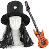 concert star 80 2019 clermont ferrand Comprend un chapeau avec cheveux et une guitare gonflable – Livré avec un chapeau haut de forme noir avec des cheveux bouclés attachés et une guitare gonflable colorée pour un look rock complet.