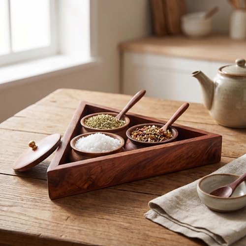 Image of HOKIPO Salt Sugar Spice Container Jar Canister Set with Tray & Spoon - 10 x 10 Inch - Sheesham Wood Storage Box Jar (IN-1169)