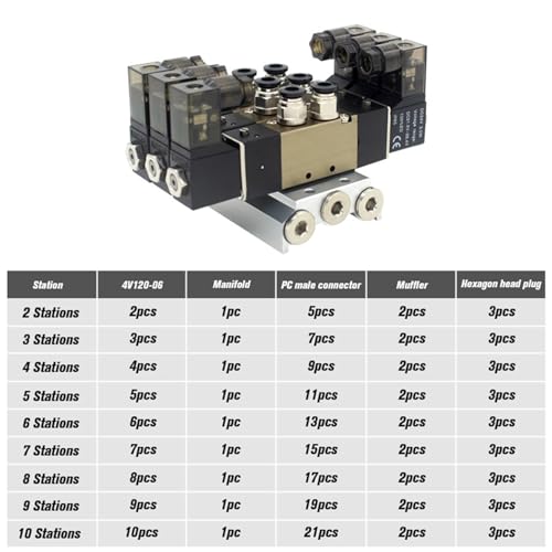 Électrovanne 5 voies 4V120-06 DC24V avec embase aluminium 6 stations et raccords 4mm - 6