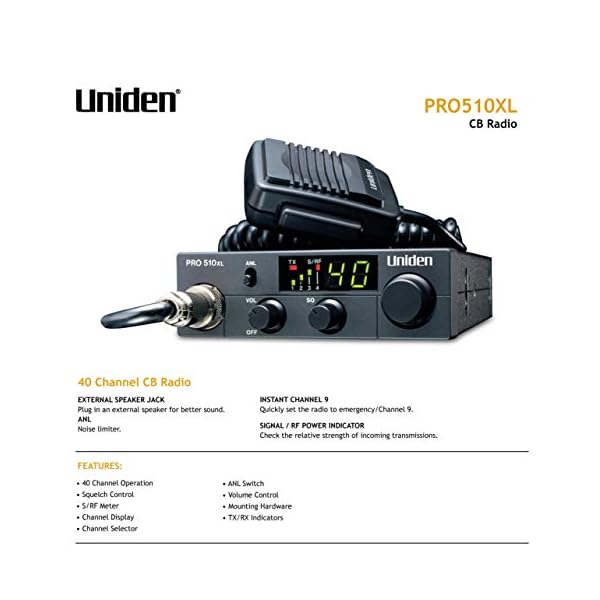 Uniden PRO510XL Pro Series 40-Channel CB Radio. Compact Design. Backlit LCD Display. Public Address. ANL Switch and 7 Watts of Audio Output. Unique PLL Circuit. S/RF LED Meter. , Black - Image 5
