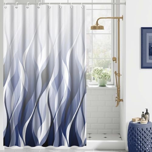 DORCEV Abstract Navy Blue Striped Shower Curtain for Bathroom Decor Ombre Blue Waves Geometric Shower Curtain Modern Art Minimalist Bath Curtains Waterproof Shower Curtains Set,48x72inch by DORCEV - Used condition - Image 2