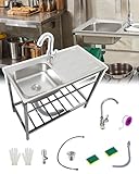 Spültisch Edelstahl Mit 1 Becken Mobiles Spültisch Mit Werkbank Und Ablagefächern Gewerbliche Freistehende SpüLe Mit Ständer Küchenspüle Outdoor Spüle Mit Wasserhahn Und Schwammbürste Für Wäsche(75cm)