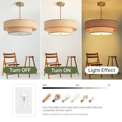 InterMaka Boho Light Fixture 17.7" Modern Pendant Light Rattan Farmhouse Flush Mount Ceiling Light with Fabric Shade, 3-Light Mid Century Brass Chandelier for Bedroom Kitchen Dining Room Entryway by InterMaka - Used condition - Image 4