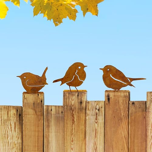 Vausart 3PCS Rusty Birds Decor, Metal Birds Yard Decor, Cute Metal Birds Garden Ornaments Silhouette- Garden Sculptures and Yard Art, Rustic Birds Decoration Outdoor Patio Yard