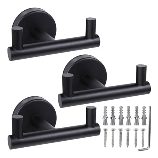 3 Pack Double Towel Hooks for Bathroom Matte Black Wall Mount Robe Hook Double Towel Hook Towel Holder for Kitchen Bathroom Hallway Toilet Pool for Hanging Towels, Robe, Coat, Clothes,Bags, Sponges