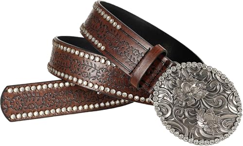 Image of Western-Leather-Belts-Women Vintage Waist-Belts with Hollow Out Flower