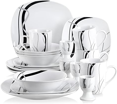 VEWEET, Series Fiona, Dishes Set for 4, 20 Pieces Dinnerware Sets, Square Plates and Bowls Sets with Mugs, Black and White Dish Sets Plate Set and Egg Cups