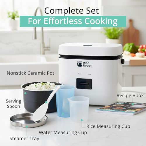 Image of Rice Robot Personal Rice Cooker, PFAS-free, Nonstick. 1 Quart Capacity, with Stainless Steel Steamer Tray, Measuring Cups, Recipe Book with 60 Recipes, and Serving Spoon, As Seen On TV