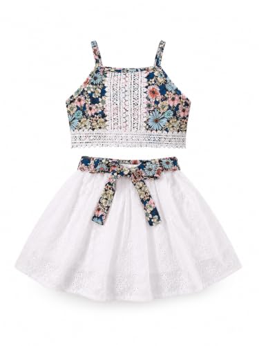 Image of PAMBERSTON Girls Dress Set, Floral Print Sleeveless Top with White Skirt and Bow Detail | Cute Casual Outfit for Girls | Perfect for Parties, Birthday, Wedding