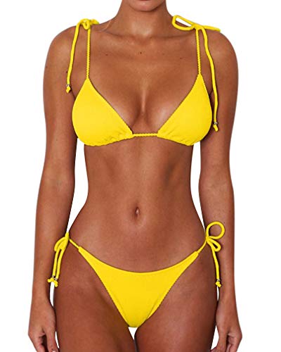 MOOSLOVER Women's Ribbed Tie Bikini Brazilian Cheeky Bottom String Swimsuit(S,Yellow)