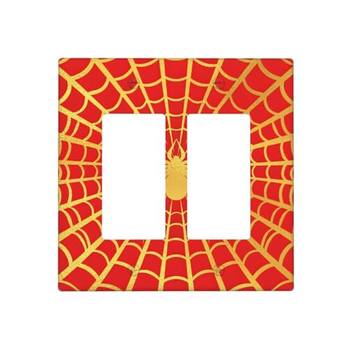 Decorative Outlet Covers Red Background with Golden Spiderweb Spider 2 Gang Light Switch Cover Plate Double Rocker Wall Plate Switch Plate Covers Faceplate for Bedroom Decor
