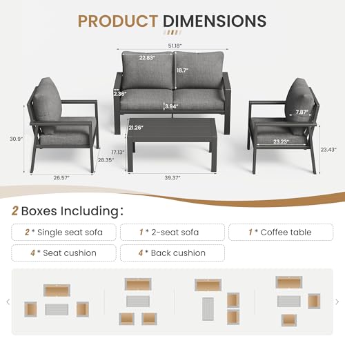 Image of Aluminum Outdoor Patio Furniture Sets All-Weather Patio Conversation Set Sectional Sofa with Coffee Table & Cushions w /Removable Covers for for Deck Backyard Garden Poolside Balcony Porch