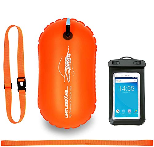 LimitlessXme Boya De Natación Naranja con Funda para Móvil. Visibilidad y Seguridad al Nadar en el mar y en el Lago. Swim Buoy Inflable para Aguas Abiertas…