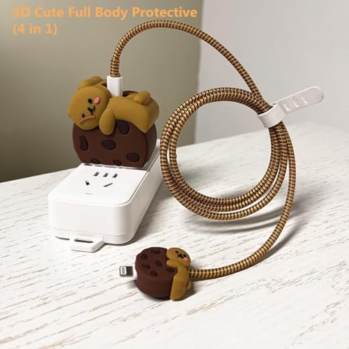 Image of INEFABLE Charger Case Cover Protector with 3D Cute Pattern for iPhone Charger only 18W & 20W, Data Charging Cable Wire Saver Protective Cable Cover Full Protection - Set Of 1 (Buscuit Bear)