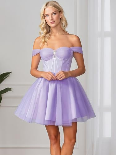 Off Shoulder Homecoming Dresses Tulle Sweetheart Sparkly Beaded Short DAMA Dresses for Quinceanera4