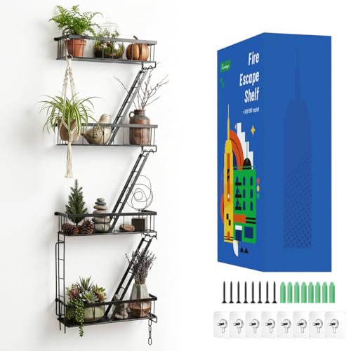 SweetSage Fire Escape Wall Shelf 4 Tier - NYC Decorative Floating Shelf Black Metal Book Shelves for...