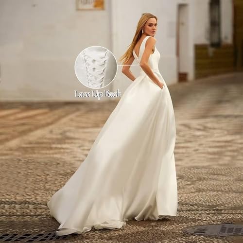 Women's V Neck Satin Wedding Dress for Bride A Line Floor Lenght Formal Bridal Dress with Pocket2