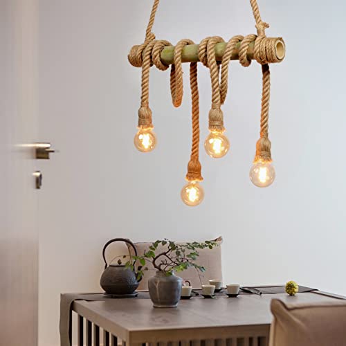 Arturesthome 4 Heads Hemp Rope Ceiling Pendant Light, Vintage Bamboo