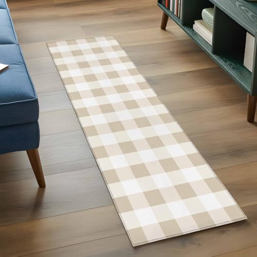 Tapete Runner Beige Cuadros 2x6 Antideslizante Lavable miniatura 4