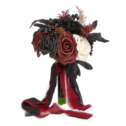 Ramos de boda para novia, dama de honor, ramos de boda de color negro y burdeos para novia, ramos de novia góticos para novia, ramo de rosas artificiales